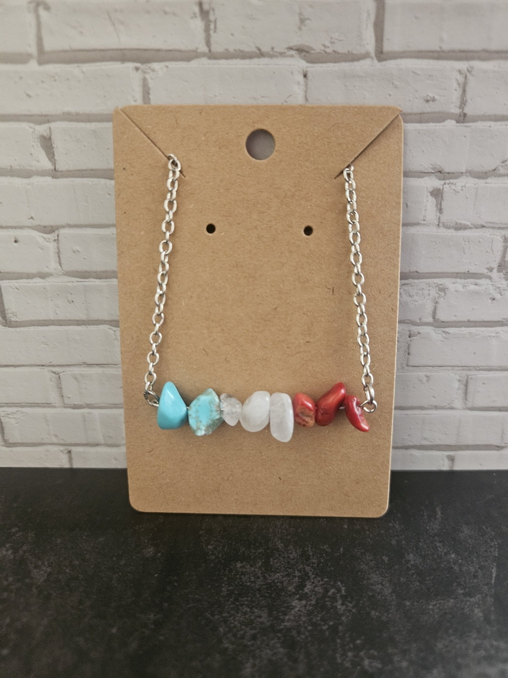 Silver Chain Multi-Stone Accent Necklace - Turquoise, White & Red